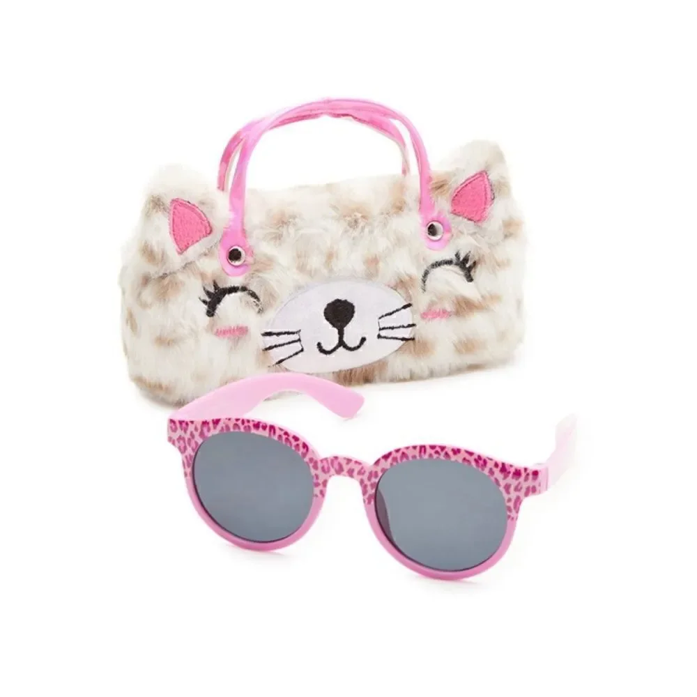 Girls Fun Summer Sunglasses With Kitty Cat & Bear Faux Fur Carrying Cases